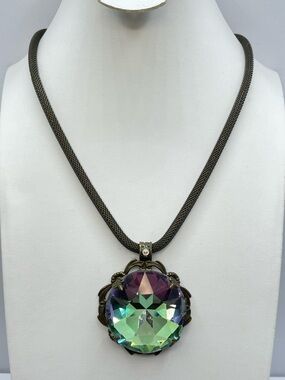Sweet Romance XL AB Faceted Crystal Pendant Necklace Antique Gold Gothic Bold